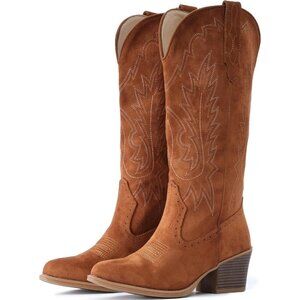 Women Brown Chunky Heel Pointed Toe Cowgirl Mid Calf Embroidery Western Boots
